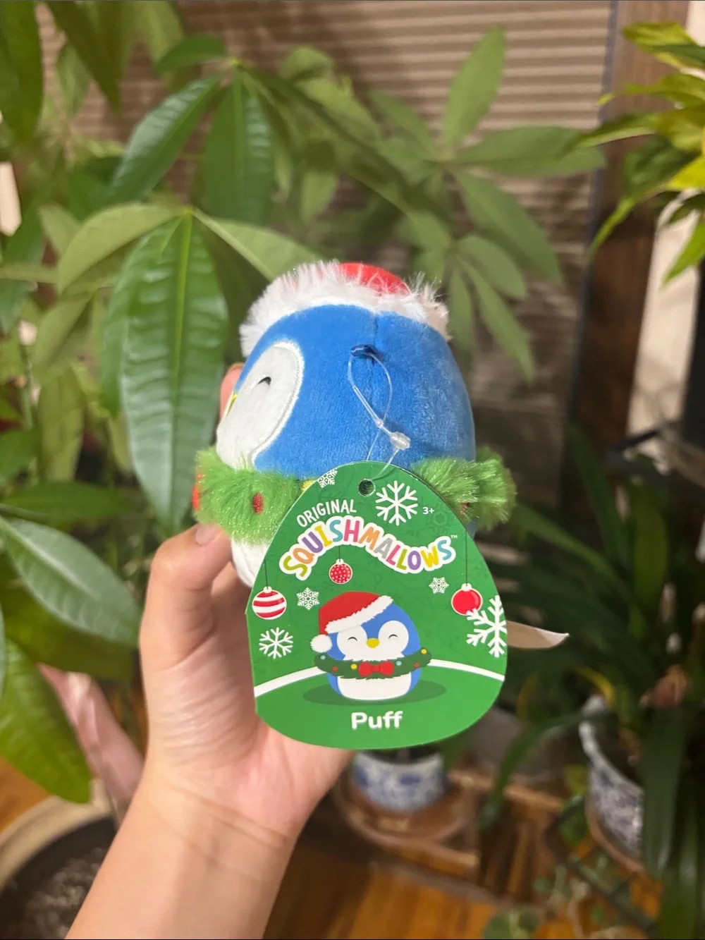Plush Holiday Penguin Toy - Blue/White with Red Hat